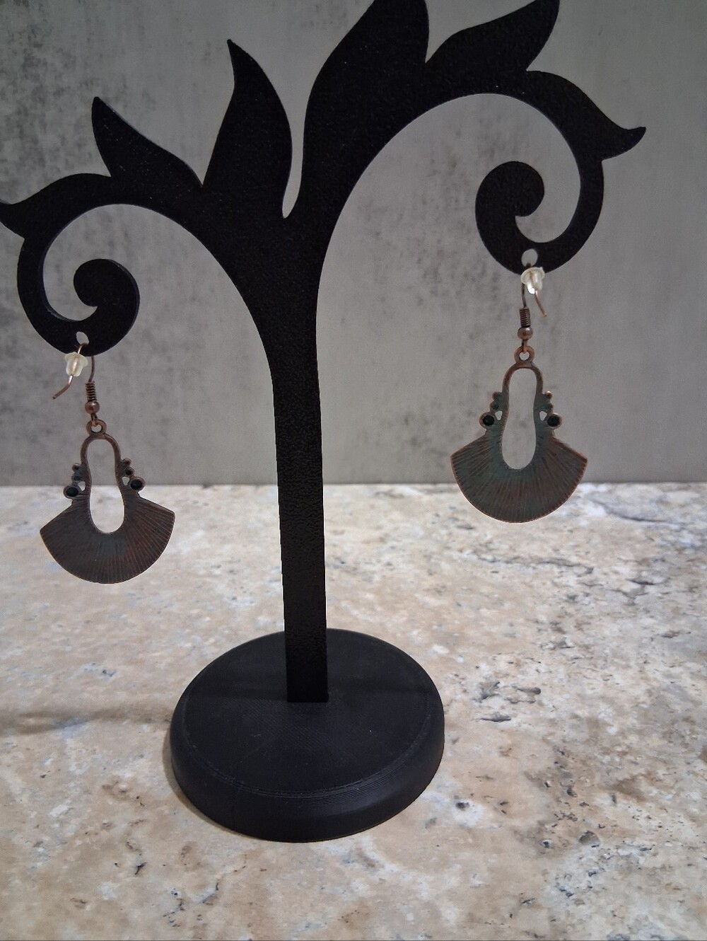 Copper Fan-Shaped Drop Earrings - Green and Brown - Picture 2 of 5